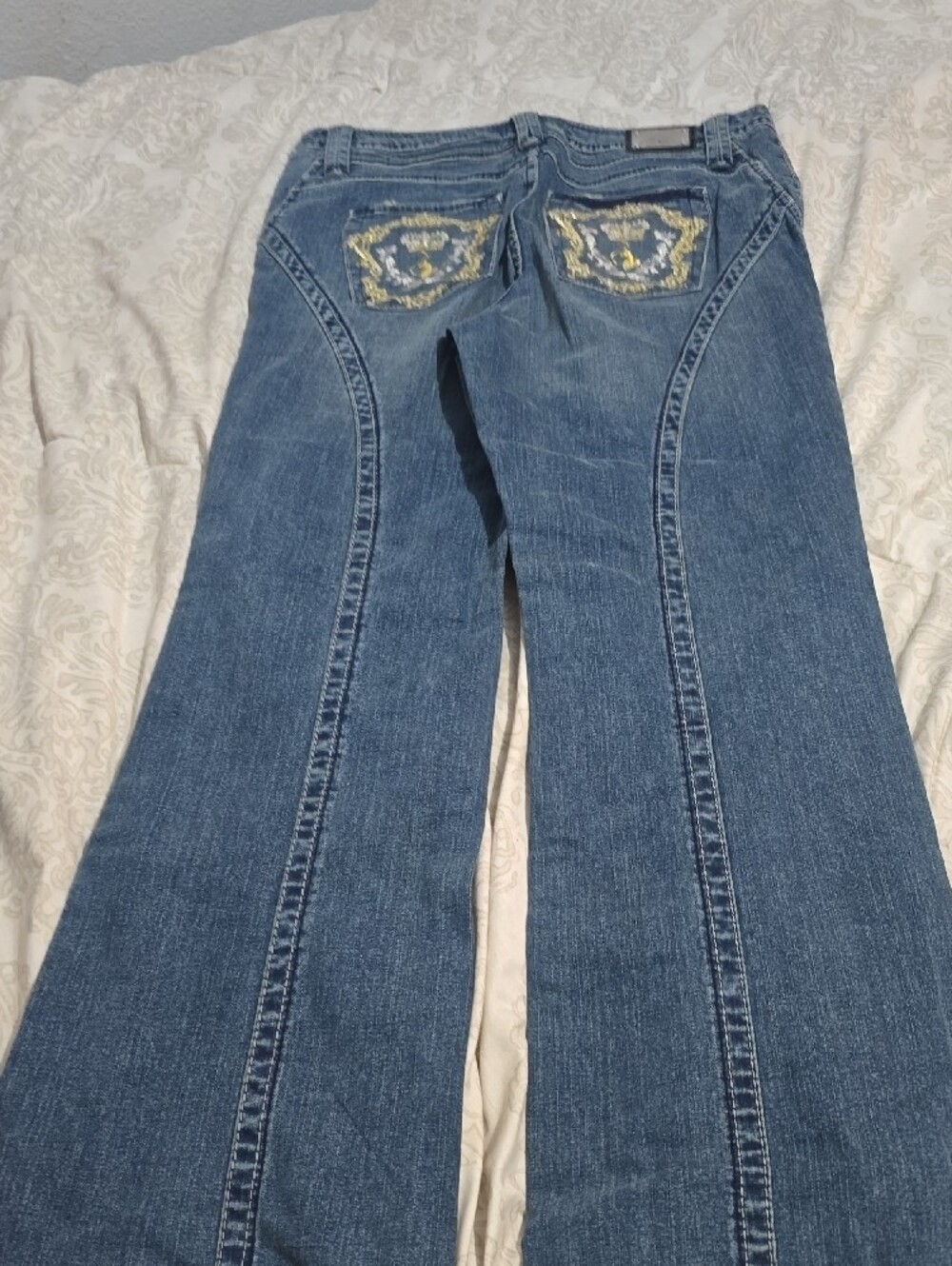 Baby Phat Blue Straight Leg Jeans with Gold & Silver Embroidery - Picture 4 of 6